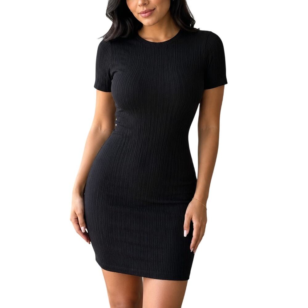 H&M Black Ribbed Knit Bodycon Dress Large NWT Minimalist LBD